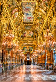 Paris, France - April 23, 2019 - The grand foyer of the Palais Garnier located in Paris, France.