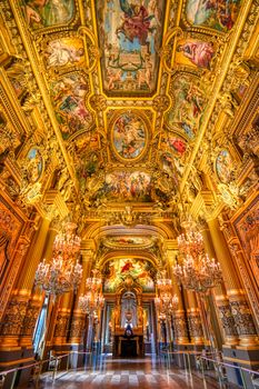 Paris, France - April 23, 2019 - The grand foyer of the Palais Garnier located in Paris, France.