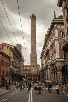 BOLOGNA, ITALY 17 JUNE 2020: Via Rizzoli in Bologna, Italy with his historical Building and the Asinelli Tower at the end