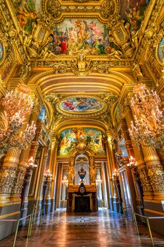Paris, France - April 23, 2019 - The grand foyer of the Palais Garnier located in Paris, France.