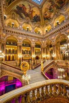 Paris, France - April 23, 2019 - The Grand Staircase at the entry to the Palais Garnier located in Paris, France.