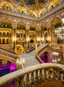Paris, France - April 23, 2019 - The Grand Staircase at the entry to the Palais Garnier located in Paris, France.