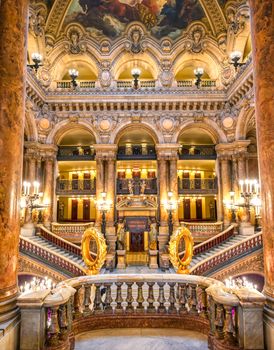 Paris, France - April 23, 2019 - The Grand Staircase at the entry to the Palais Garnier located in Paris, France.