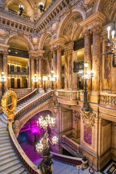 Paris, France - April 23, 2019 - The Grand Staircase at the entry to the Palais Garnier located in Paris, France.