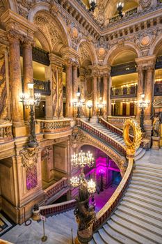 Paris, France - April 23, 2019 - The Grand Staircase at the entry to the Palais Garnier located in Paris, France.