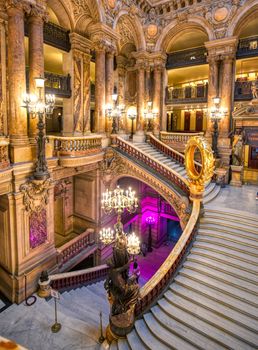 Paris, France - April 23, 2019 - The Grand Staircase at the entry to the Palais Garnier located in Paris, France.