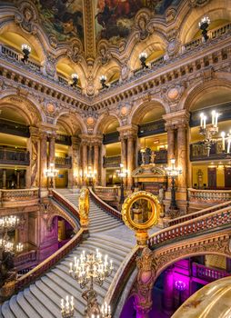 Paris, France - April 23, 2019 - The Grand Staircase at the entry to the Palais Garnier located in Paris, France.