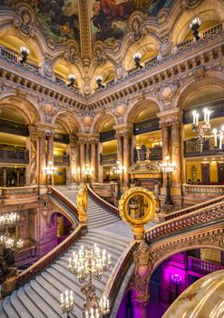 Paris, France - April 23, 2019 - The Grand Staircase at the entry to the Palais Garnier located in Paris, France.