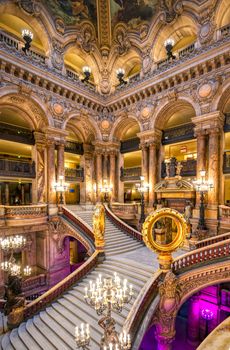 Paris, France - April 23, 2019 - The Grand Staircase at the entry to the Palais Garnier located in Paris, France.