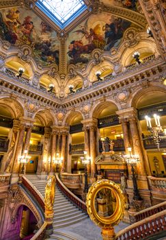 Paris, France - April 23, 2019 - The Grand Staircase at the entry to the Palais Garnier located in Paris, France.