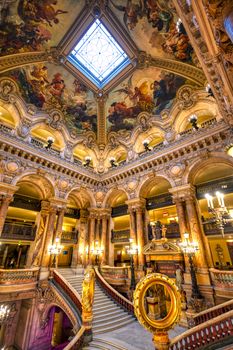 Paris, France - April 23, 2019 - The Grand Staircase at the entry to the Palais Garnier located in Paris, France.