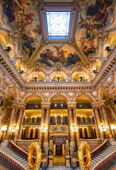 Paris, France - April 23, 2019 - The Grand Staircase at the entry to the Palais Garnier located in Paris, France.