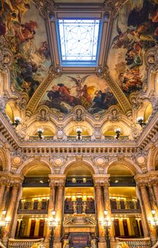 Paris, France - April 23, 2019 - The Grand Staircase at the entry to the Palais Garnier located in Paris, France.