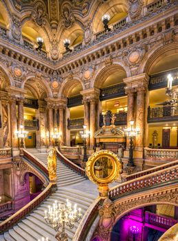 Paris, France - April 23, 2019 - The Grand Staircase at the entry to the Palais Garnier located in Paris, France.