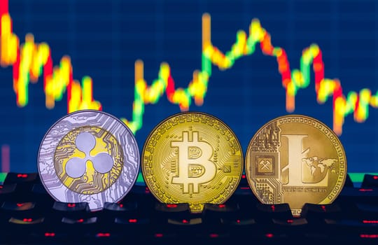 Set of cryptocurrencies with Bitcoin, Etherium, Ripple, Litecoin. Cryptocurrencys new digital money. Bitcoin on the front as the leader. Bitcoin as most important cryptocurrency.