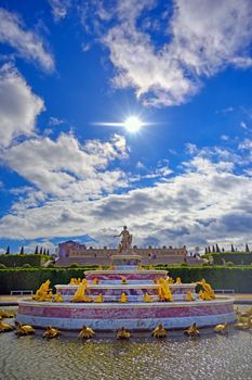 Versailles, France - April 24, 2019: Fountain of Latona in the garden of Versailles Palace on a sunny day outside of Paris, France.