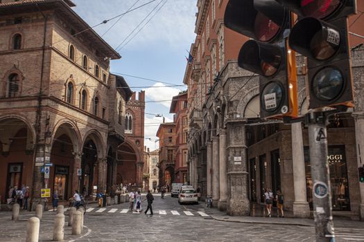 BOLOGNA, ITALY 17 JUNE 2020: Traffic light in the historic center