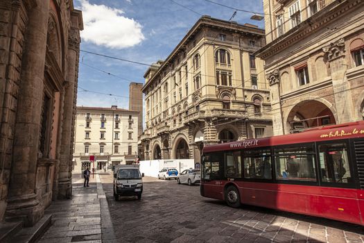 BOLOGNA, ITALY 17 JUNE 2020: Historic center of Bologna in Italy with traffic