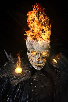 UK, Feb 2020: Fire skeleton in leather coat