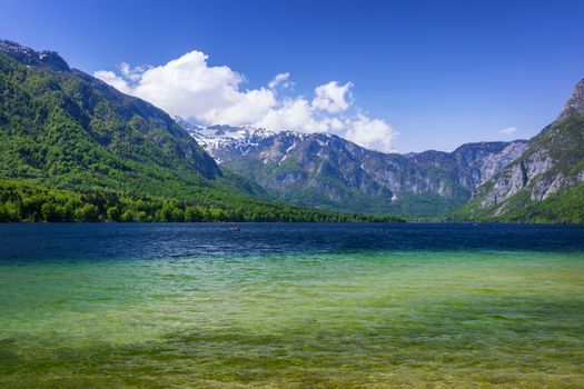 Lake Bohinj in Slovenia, beauty in nature. Colorful summer on the Bohinj lake in Triglav national park Slovenia, Alps, Europe. Mountain Lake bohinj in Julian Alps, Slovenia