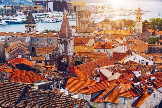View at town Trogir, old touristic place in Croatia Europe. Trogir town coastal view. Magnificent Trogir, Croatia. Sunny old Venetian town, Dalmatian Coast in Croatia.