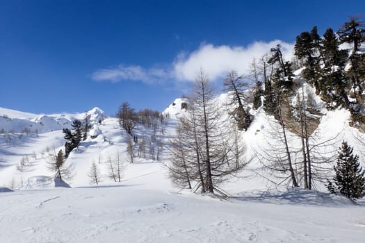 Casaccia, Switzerland: winter landscape, Lareccio canals and Colombe pass