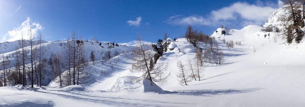 Casaccia, Switzerland: winter landscape, Lareccio canals and Colombe pass