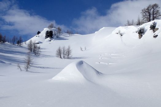 Casaccia, Switzerland: winter landscape, Lareccio canals and Colombe pass