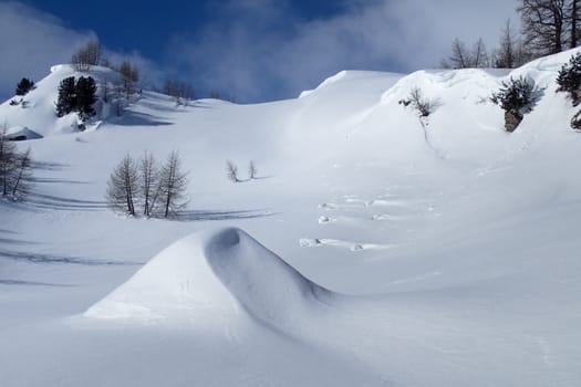 Casaccia, Switzerland: winter landscape, Lareccio canals and Colombe pass