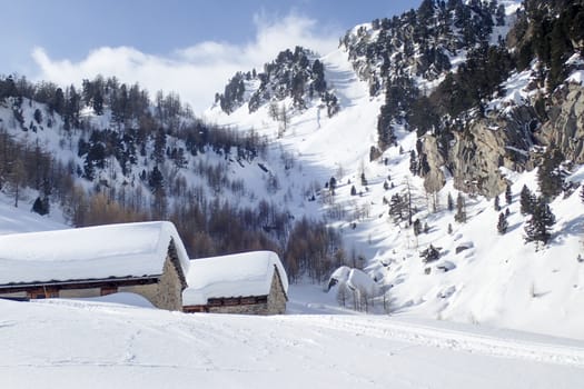 Casaccia, Switzerland: winter landscape, Lareccio canals and Colombe pass