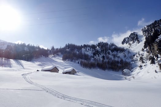 Casaccia, Switzerland: winter landscape, Lareccio canals and Colombe pass