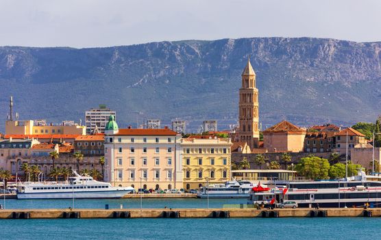Split, Croatia (region of Dalmatia). UNESCO World Heritage Site. View of Split city, Diocletian Palace and Mosor mountains in background. Split panoramic view of town, Dalmatia, Croatia.