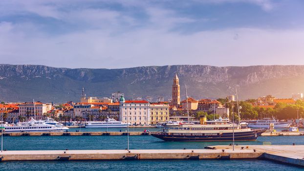 Split, Croatia (region of Dalmatia). UNESCO World Heritage Site. View of Split city, Diocletian Palace and Mosor mountains in background. Split panoramic view of town, Dalmatia, Croatia.