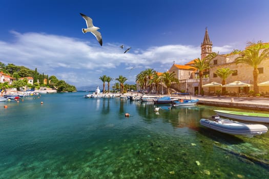 Splitska village with beautiful port and seagull's flying over the village, Brac island, Croatia. Fishing boats in Splitska village on Brac island seafront view, Dalmatia, Croatia, Croatia.