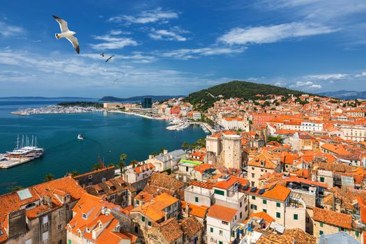 Split waterfront and Marjan hill aerial view, Dalmatia, Croatia. Panoramic summer cityscape of old medieval city Split, Croatia, Europe.  Traveling concept background. Seagull's flying over Split.