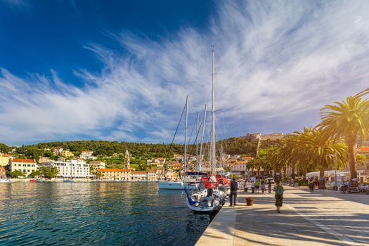 Colorful scenery in mediterranean town Hvar, famous travel place on Adriatic Sea, Croatia. Amazing Hvar city on Hvar island, Croatia. View of the Hvar town, Hvar island, Dalmatia, Croatia.