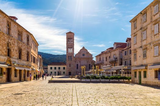 Main square in old medieval town Hvar. Hvar is one of most popular tourist destinations in Croatia in summer. Central Pjaca square of Hvar town, Dalmatia, Croatia. 