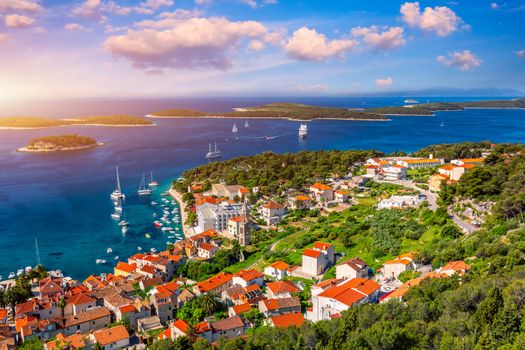 View at amazing archipelago in front of town Hvar, Croatia. Harbor of old Adriatic island town Hvar. Popular touristic destination of Croatia. Amazing Hvar city on Hvar island, Croatia.