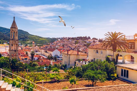 View at amazing archipelago in front of town Hvar, Croatia with seagull's flying over the city. Harbor of old Adriatic island town Hvar. Amazing Hvar city on Hvar island, Croatia. 