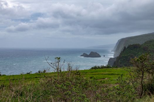 Kohala, Hawaii, USA. - January 15, 2020: Coastline where Pololu valley and its water meets the ocean. Big rocks, tall steep cliffs, green forests and meadow up front, all under heavy blueish cloudscape.