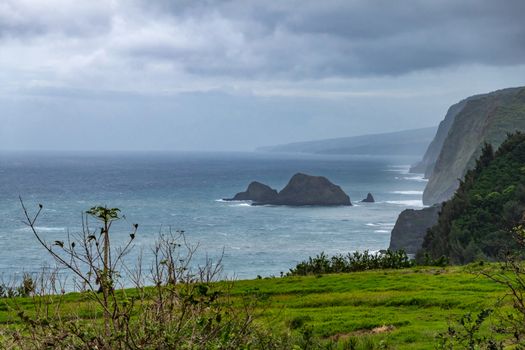 Kohala, Hawaii, USA. - January 15, 2020: Coastline where Pololu valley and its water meets the ocean. Big rocks, tall steep cliffs, green forests and meadow up front, all under heavy blueish cloudscape.