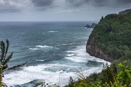 Kohala, Hawaii, USA. - January 15, 2020: Landscape of Coastline with white surf where Pololu valley and its beach meets the ocean. Tall steep cliffs, green forests under heavy dark rain cloudscape.