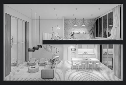 3Ds rendered image of double space apartment in living box,White fabric curtains being blown by wind, perspective view in night time,Black and white style