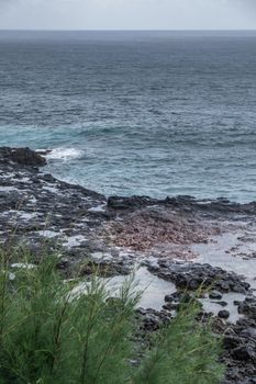 Koloa, Kauai, Hawaii, USA. - January 16, 2020: Gray-azure Pacific Ocean with black rocky coastline shows spot of the Spouting Horn geiser. Inactive at this moment, located in the brown rock. Some green foliage.