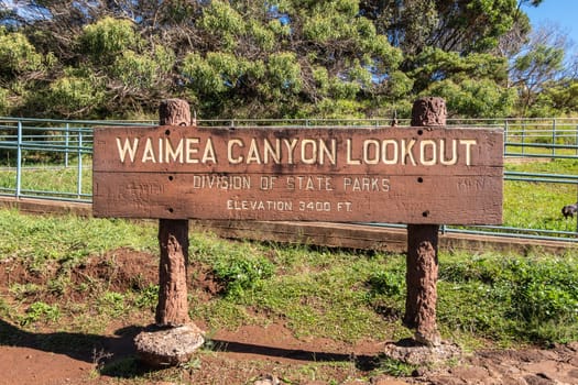 Waimea Canyon, Kauai, Hawaii, USA. - January 16, 2020: Sign announcing the Lookout.