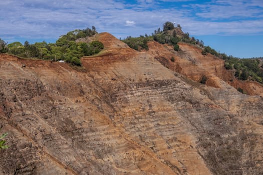 Waimea Canyon, Kauai, Hawaii, USA. - January 16, 2020: Red rock steep flank with green tree vegetation on top under blue cloudscape.