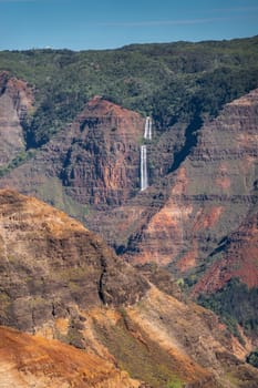 Waimea Canyon, Kauai, Hawaii, USA. - January 16, 2020: Portrait of double white waterfall among red rocky side and with green tree cover on top under blue sky.