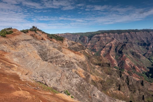 Waimea Canyon, Kauai, Hawaii, USA. - January 16, 2020: 2 sides of red canyon walls under blue cloudscape with green cover on top. Double white waterfall in distance.