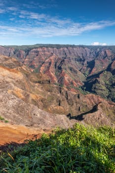Waimea Canyon, Kauai, Hawaii, USA. - January 16, 2020: Portrait of 2 sides of red canyon walls under blue cloudscape with green cover on top. Double white waterfall in distance. Green plants in front.