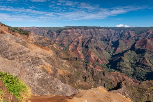 Waimea Canyon, Kauai, Hawaii, USA. - January 16, 2020: 2 sides of red canyon walls under blue cloudscape with green cover on top. Double white waterfall in distance.
